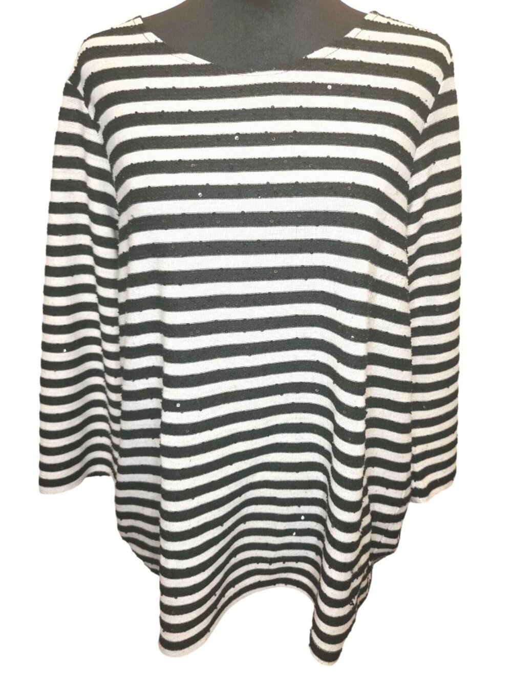 Peck & Peck Black White Striped Tunic Sweater Sequins XL Bling Career Office